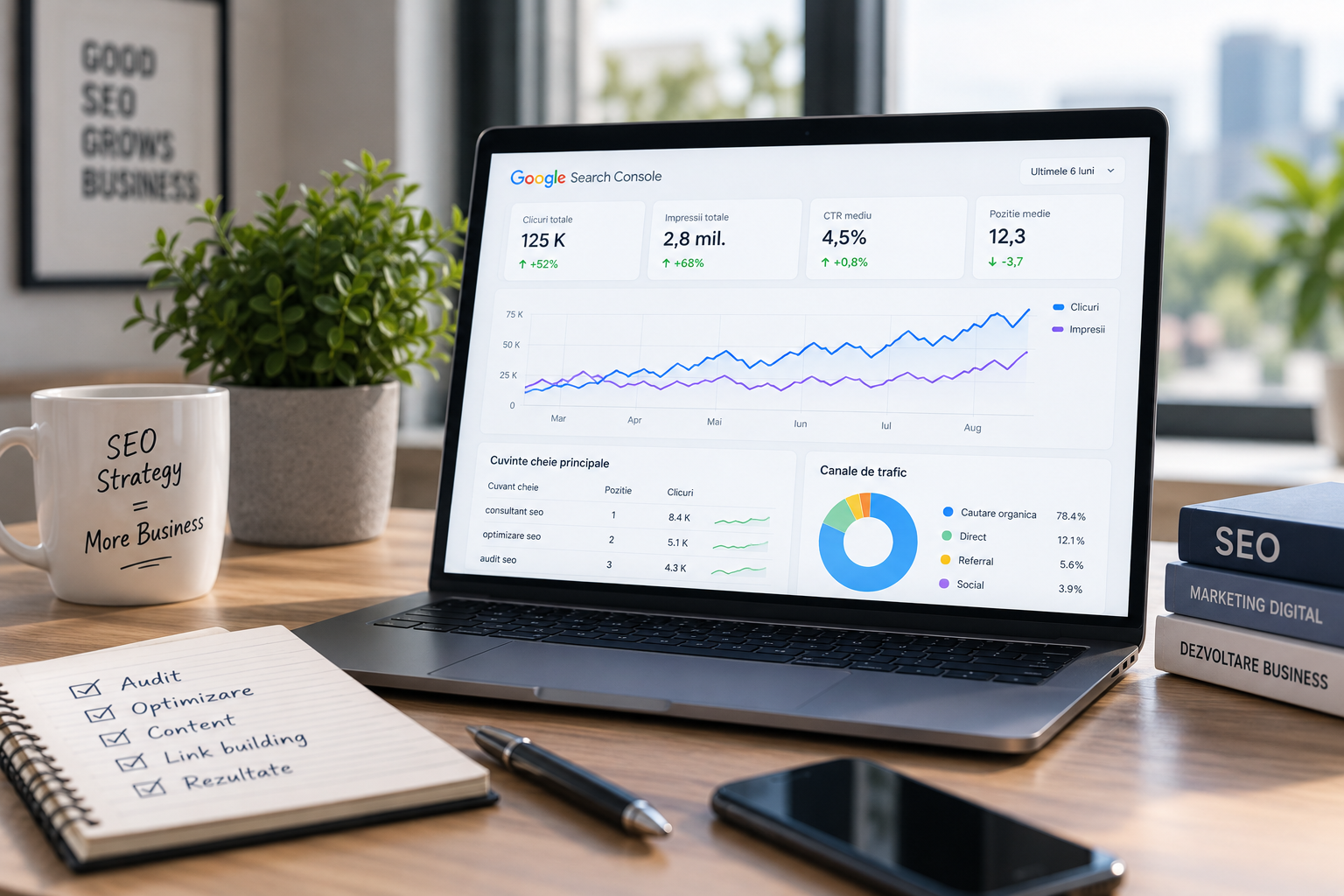 Ilustratie cu dashboard SEO pentru analiza traficului organic si a cuvintelor cheie