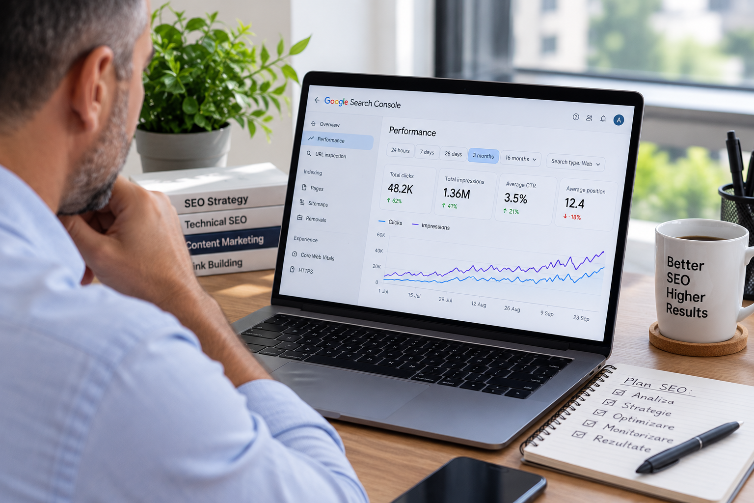 Raport SEO cu evolutia traficului organic si indicatori de performanta
