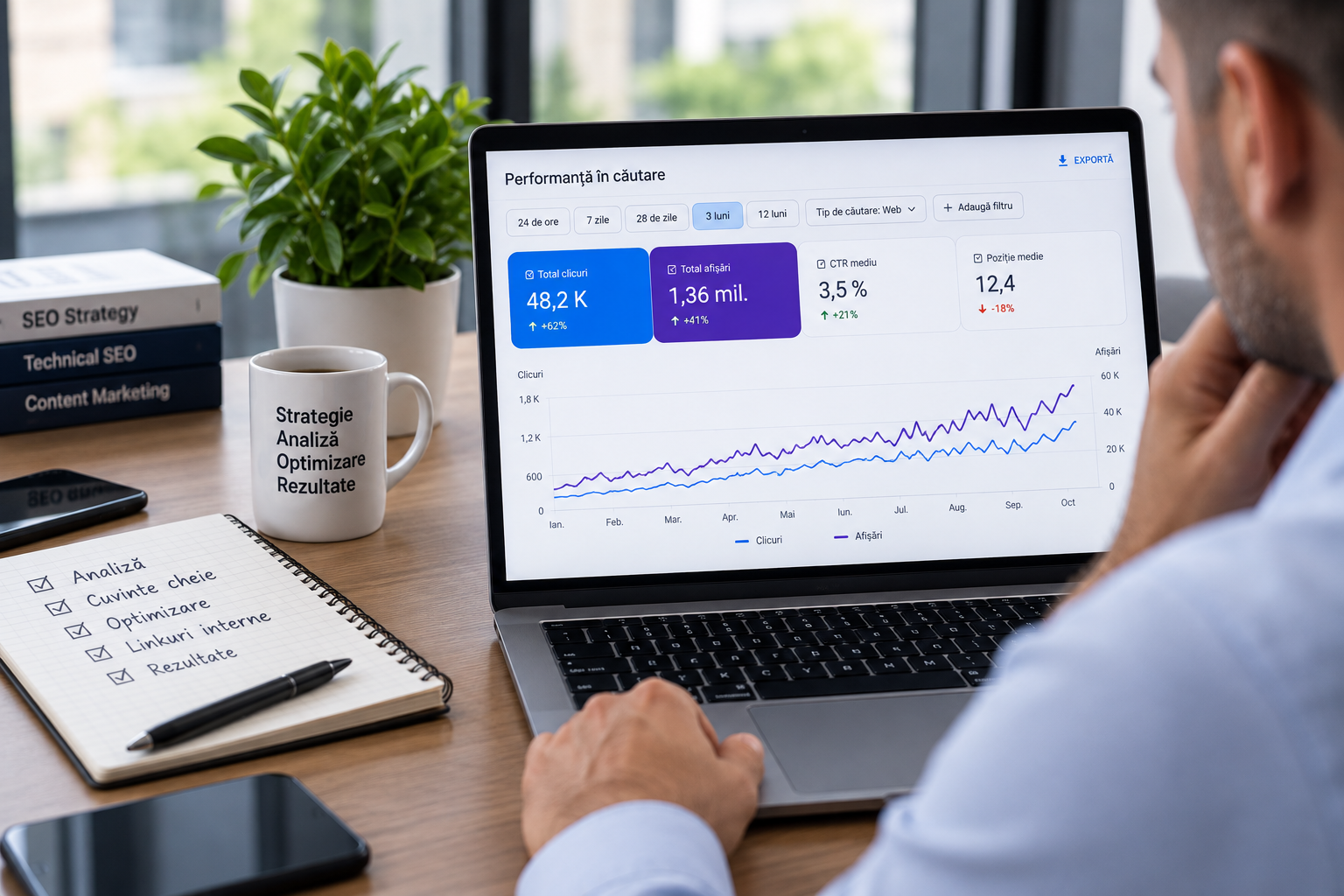Dashboard SEO cu date de performanta si plan de optimizare prezentate transparent